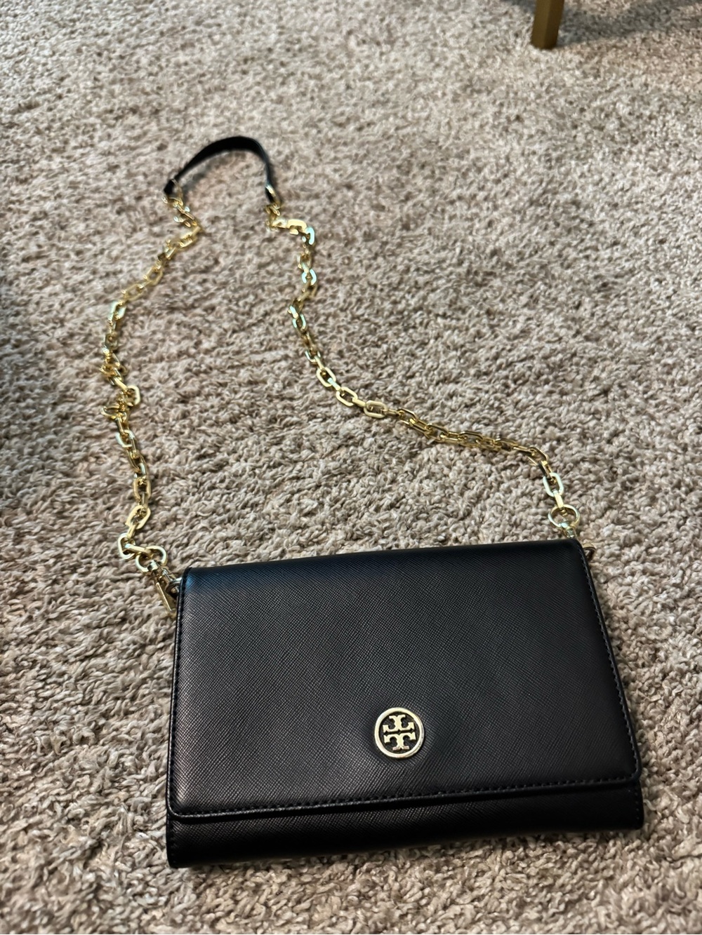 Tory Burch Black Saffiano Leather Chain Shoulder Bag with Gold Hardware